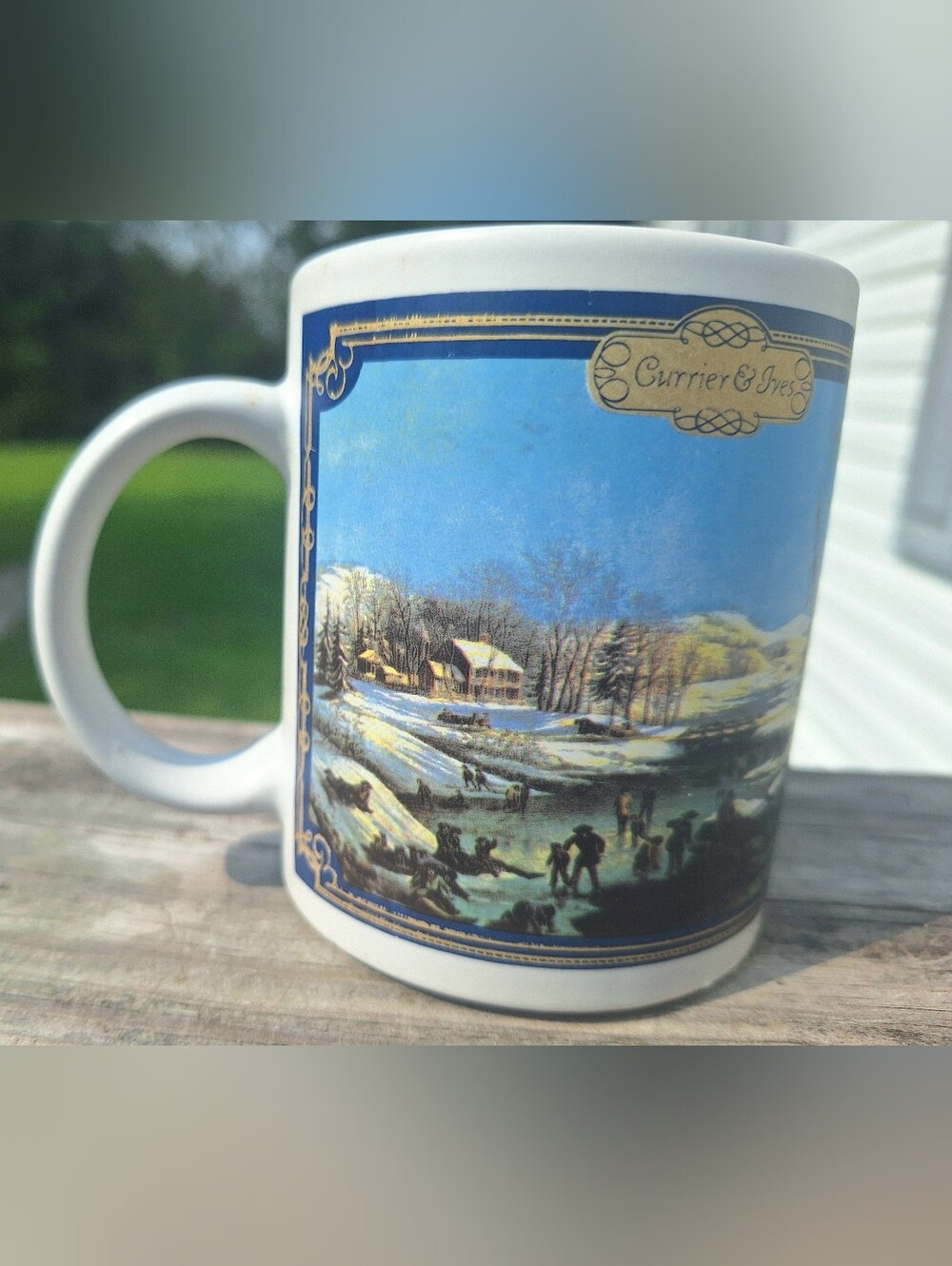 Source Unknown Blue and Gold Scenic Winter Mug